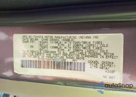 2004 Toyota Sequoia Sr5 V8 из США, поврежденный, VIN 5TDBT44A74S227280